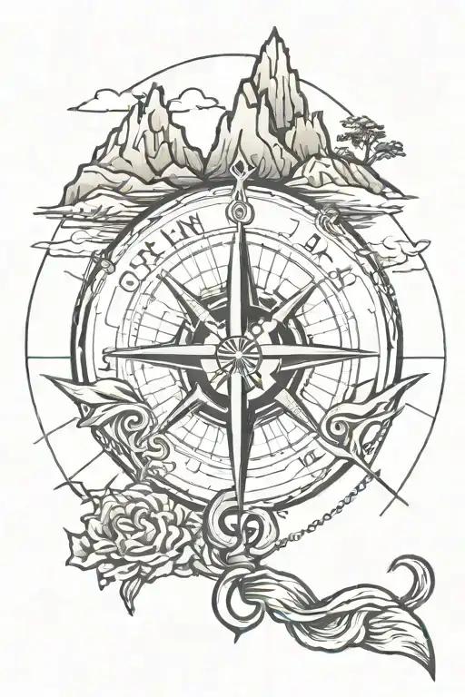 Create A Tattoo With A Compass Above An Anchor Surrounded By Mountains And Sea