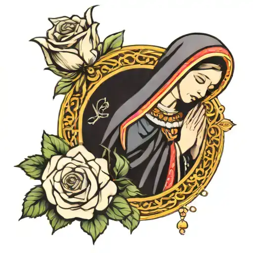Virgin Mary Praying Hands Holding Rosary With Doves In The Back Ground An A Rose