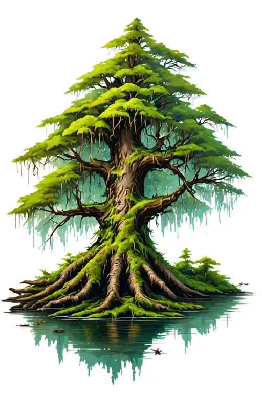 Bald Cypress Knee With Moss Covered Tree