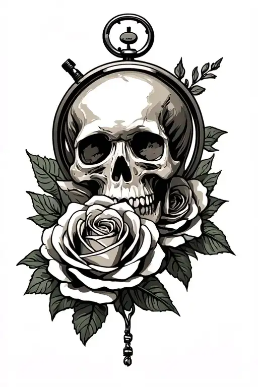 Skull And Rose And Stop Watch Surrounded