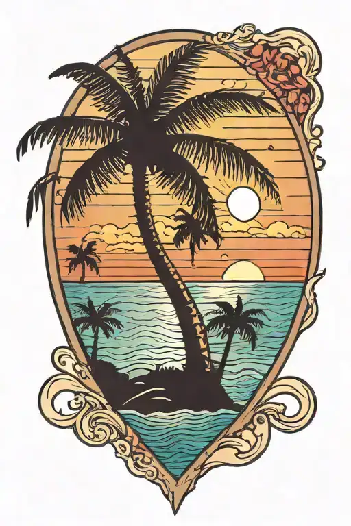 View Of Ocean Sunset In The Distance Looking Through The Openings Of - Single Palm Leaf