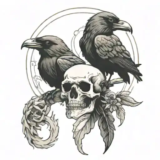 Skulls And Raven Perched
