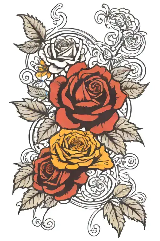 Roses And Marigolds With Intricate Line Work