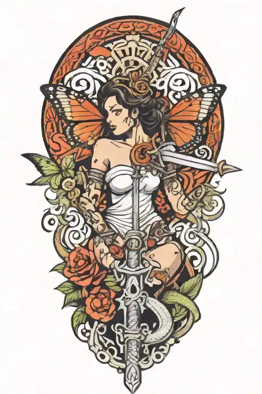 Butterfly And Sword And Woman Body And Snake Wrapped