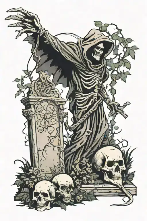 Reaper In A Grave Yard Against Angles With A Big Treee In The Garden Of Eve