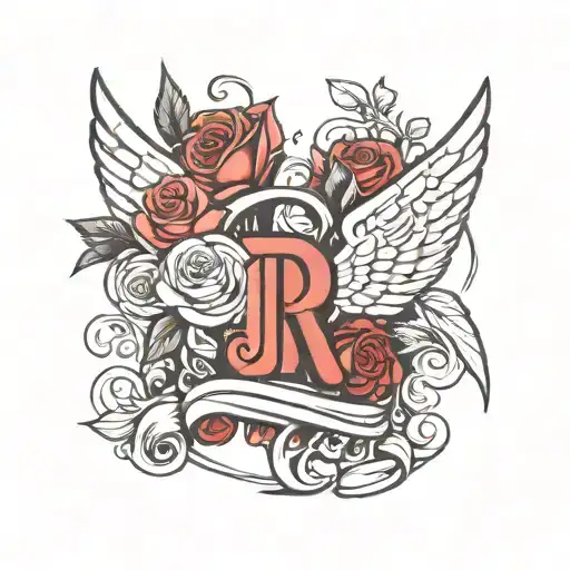 Letter R And A Rose With Minimalist Angel Wings Of A