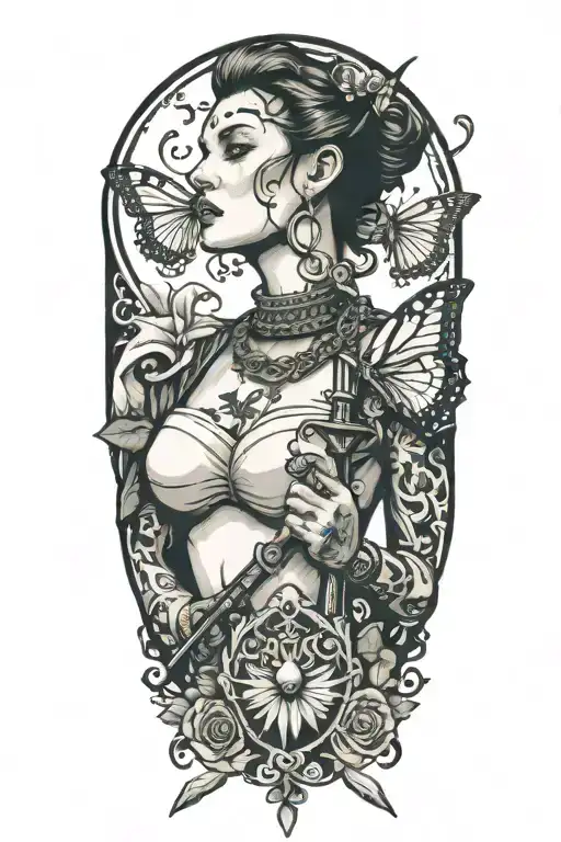 Woman Body Holding Chain Collar And Sword And Butterfly