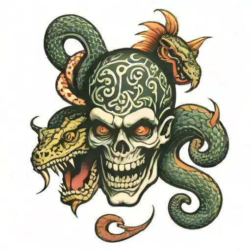 An Old School Tattoo Featuring A Head And A 3-Headed Snake Coming Out Of It