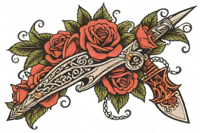 Dagger Going Through Rose With Flowers Behind
