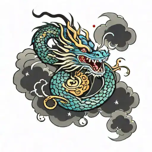 Chinese Dragon With Clouds And Stars Shining
