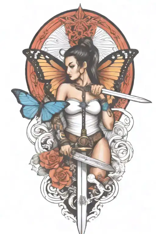Butterfly And Sword And Woman Body And Snake Wrapped