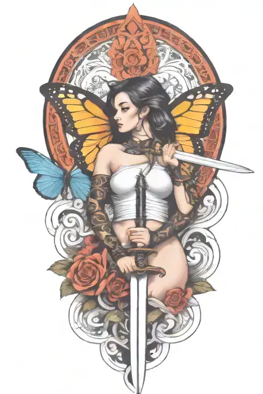 Butterfly And Sword And Woman Body And Snake Wrapped