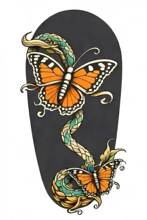 Snake Wrapped And Butterfly Flying