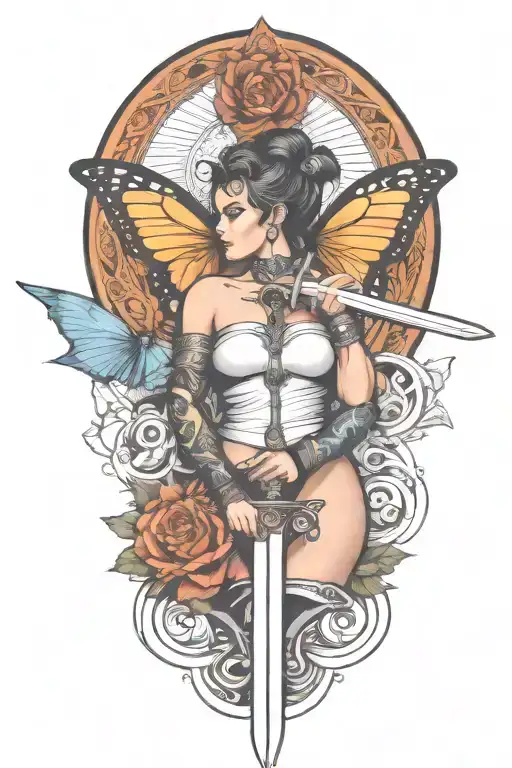 Butterfly And Sword And Woman Body And Snake Wrapped