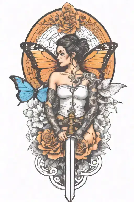 Butterfly And Sword And Woman Body And Snake Wrapped
