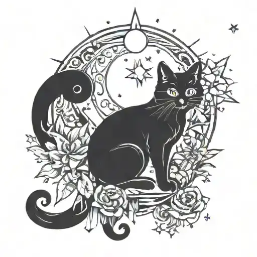 Sun Moon And Stars And Crystals With A Black Cat Sitting