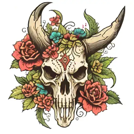 Bull Skull With Flowers And Cactuses