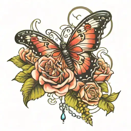 Rose Butterfly And Rosaries Arm Tattoo Design