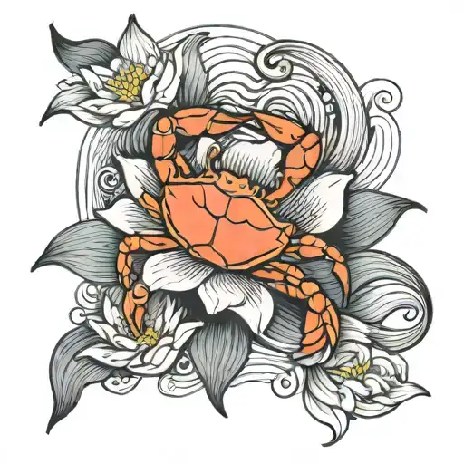 Crab On A Lotus Blossom And Wave