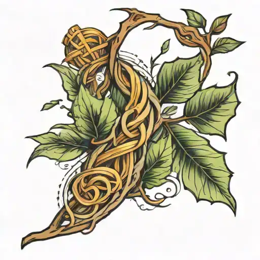 Abstract Tattoo On The Arm Of A Twig Of Weaving Leaves