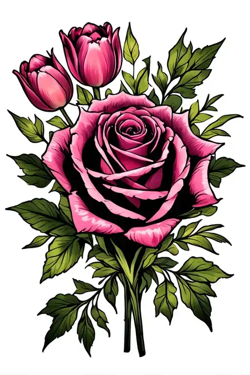 Peace Rose And Pink Tulip Bouquet Surrounded
