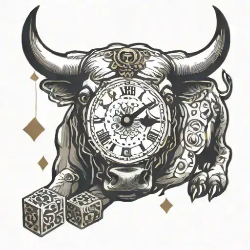 A Bull Wearing A Clock Necklace And Playing Cards Around It
