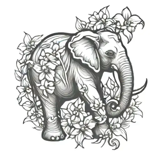 Outline Of An Elephant Surrounded By Orchids