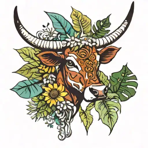 Long Horn Cow With Sunflower And Monstera Deliciosa Tropical Leaf