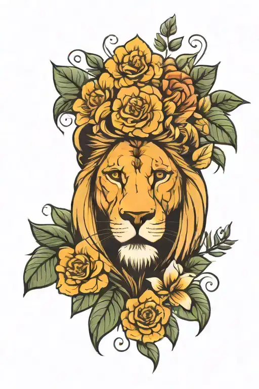 Beautiful Lion Head With Flowers