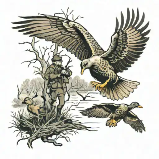 Hunting With Ducks Flying And Hunters Aiming Towards The Ducks With A Dog Sitting And Tree