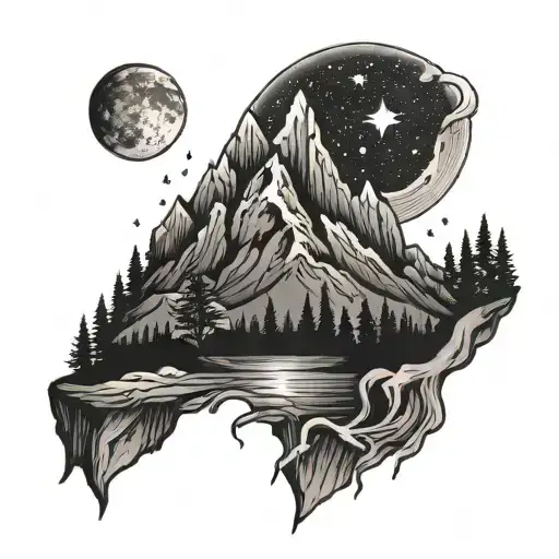Mountain At Night With Dark Shading And Stars
