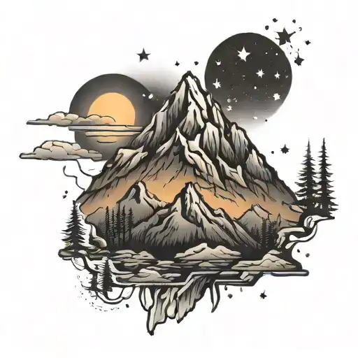 Mountain At Night With Dark Shading And Stars