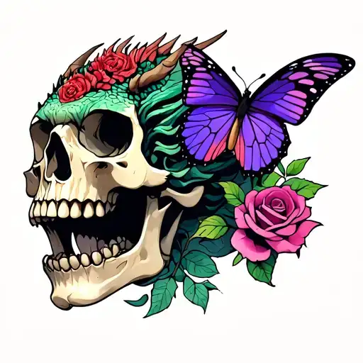 A Skull With A Rose Between Its Teeth With A Dragon On One Side And A Purple Butterfly On The Other