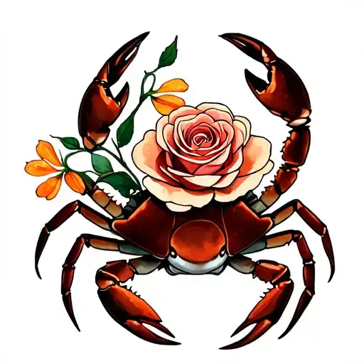 A Crab Holding A Rose And A Honeysuckle