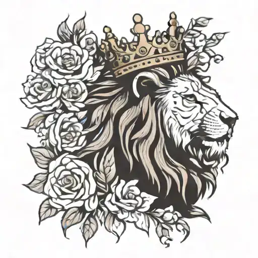 Lion Roaring With A Crown And Flowers