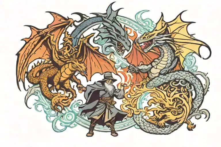Dragon And Wizard Fighting Scene Inspired Tattoo Design