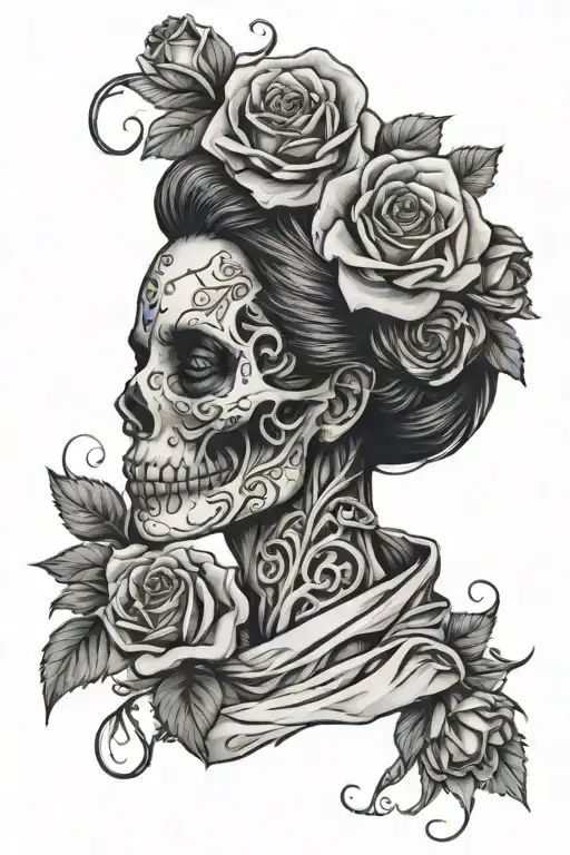 Woman Rose Wrapped Skull Adorned