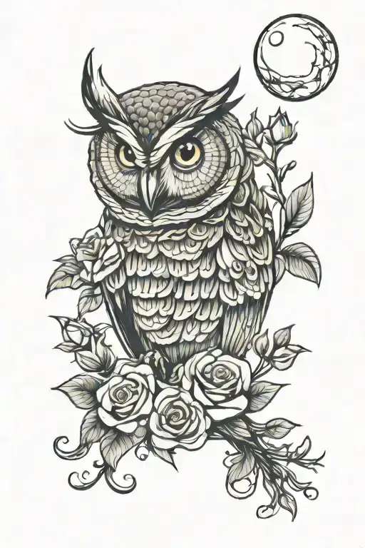 Owl With Roses And A Moon