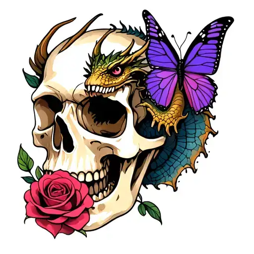 A Skull With A Rose Between Its Teeth With A Dragon On One Side And A Purple Butterfly On The Other