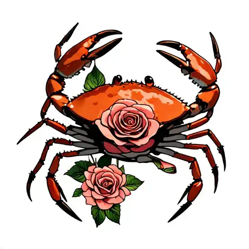 A Crab Holding A Rose And A Honeysuckle