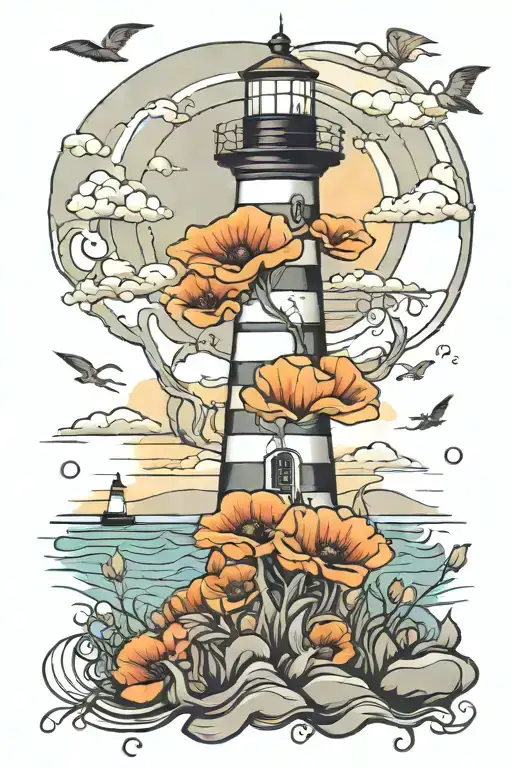 Lighthouse Sunset Ocean Poppies Fure