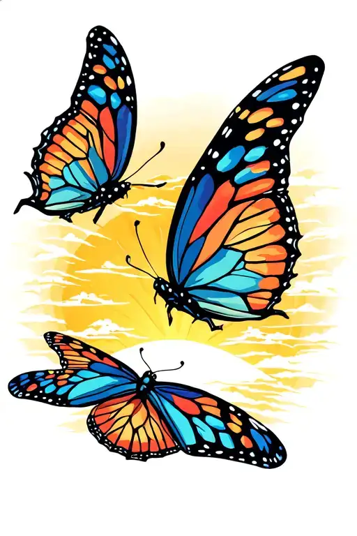 Three Butterflies Flying Towards The Sun Setting