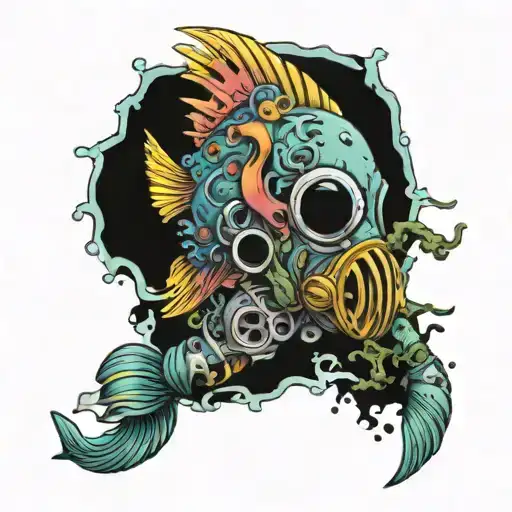 A Colorful Fish With Bones Exposed Wearing A Gas Mask With Water And Seaweed In The Background