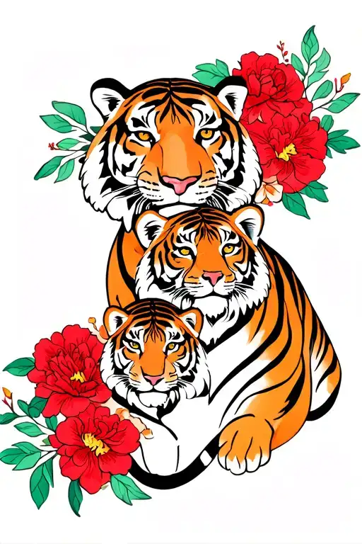 Tiger And Cub With Carnations