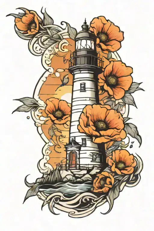 Lighthouse Sunset Ocean Poppies Fire