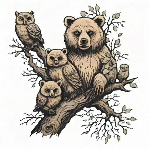 A Family Of 3 Bears At The Base Of A Tree With An Owl On A Branch