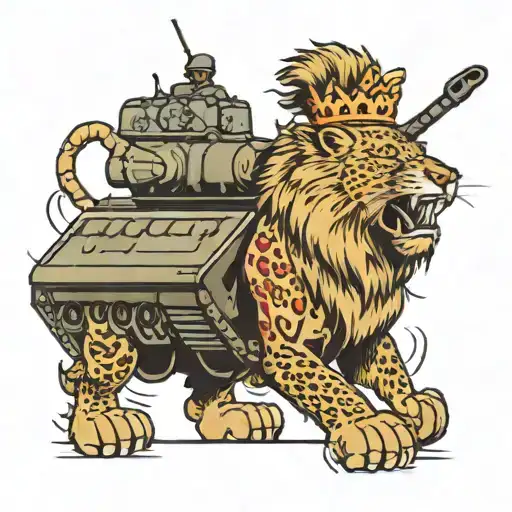Military Tank With A Lion Driving It Wearing 5 Point Crown On His Head And Ak 47 On His Arms