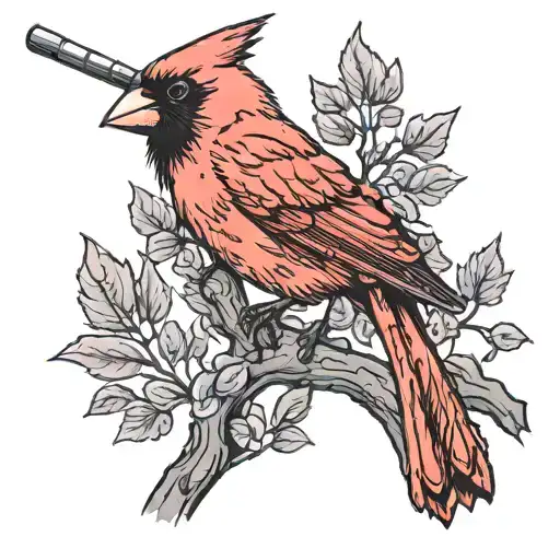 A Cardinal Perched On A Tree Branch With A Hunting Rifle Leaning Against The Trunk