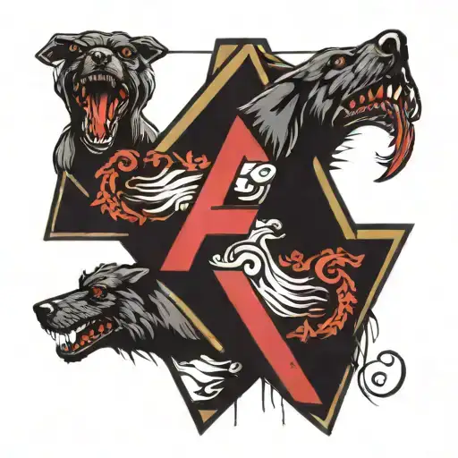 A Triangle With A Three-headed Dog Cerberus Inside And The Letter P On His Chest