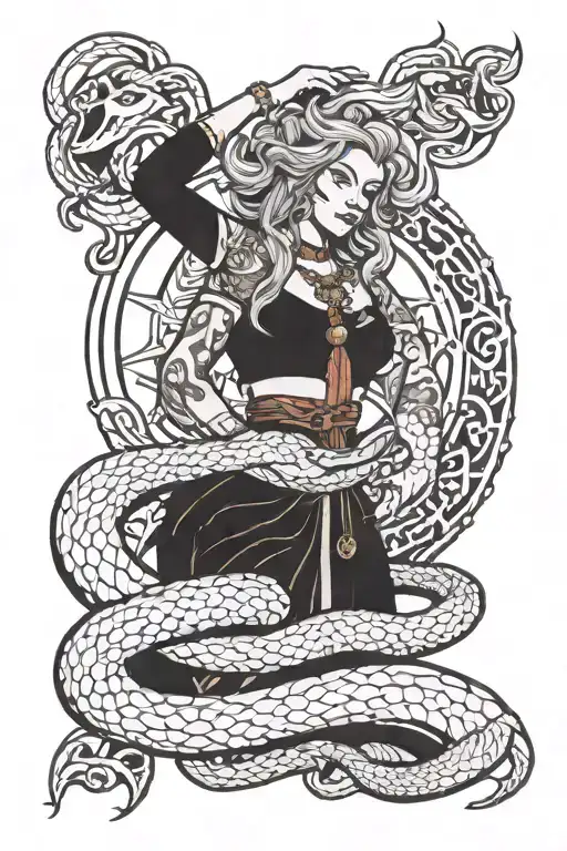 Freya Godess With A Protecting Snake Around And Black Sun Over